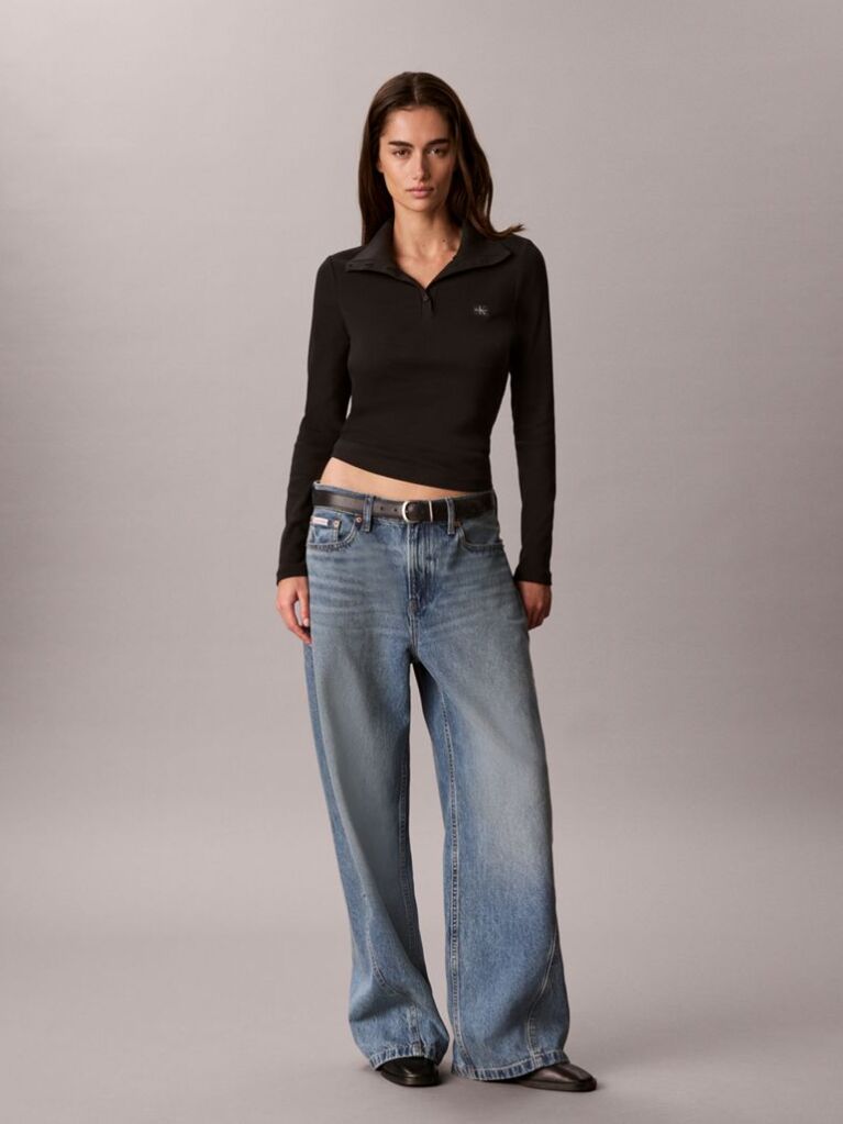 Negru Bluza De Trening Cu Guler Inalt, Fenta Henley Si Monologo Tesut  Femei