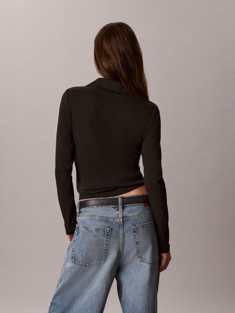Negru Bluza De Trening Cu Guler Inalt, Fenta Henley Si Monologo Tesut  Femei