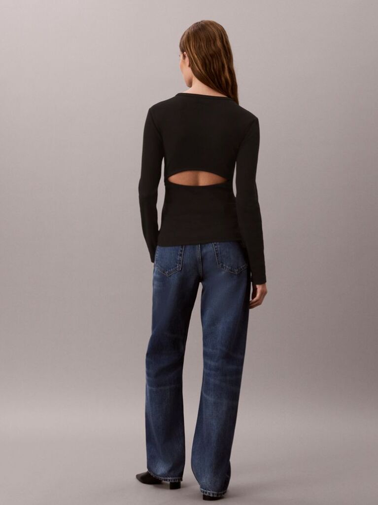 Negru Tricou Cu Maneca Lunga Si Eticheta Tesuta  Femei