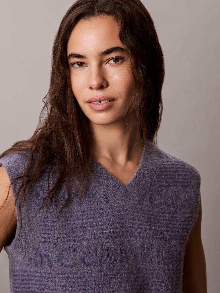 Blue Wool Blend Textured Logo Sweater Vest  Women