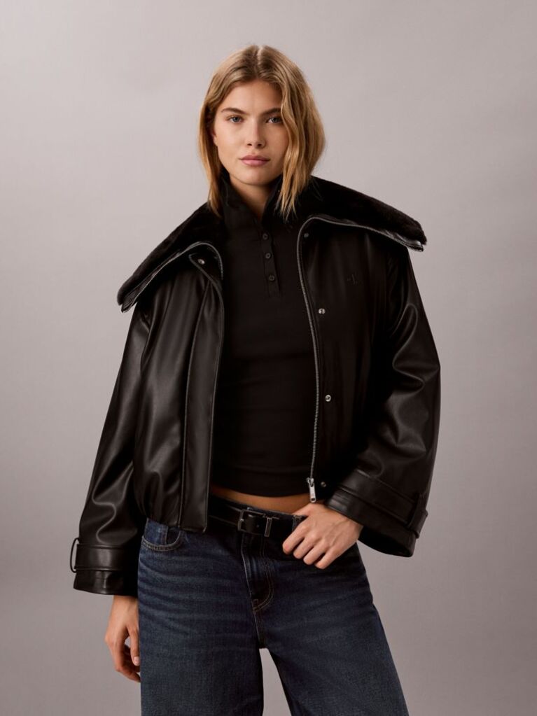 Black Faux Leather Bomber Jacket  Women