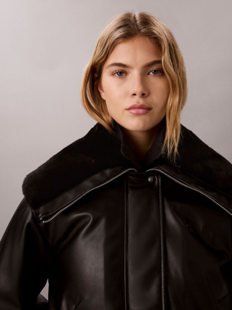 Black Faux Leather Bomber Jacket  Women
