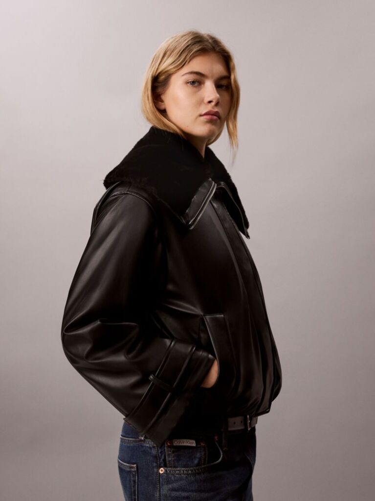 Black Faux Leather Bomber Jacket  Women