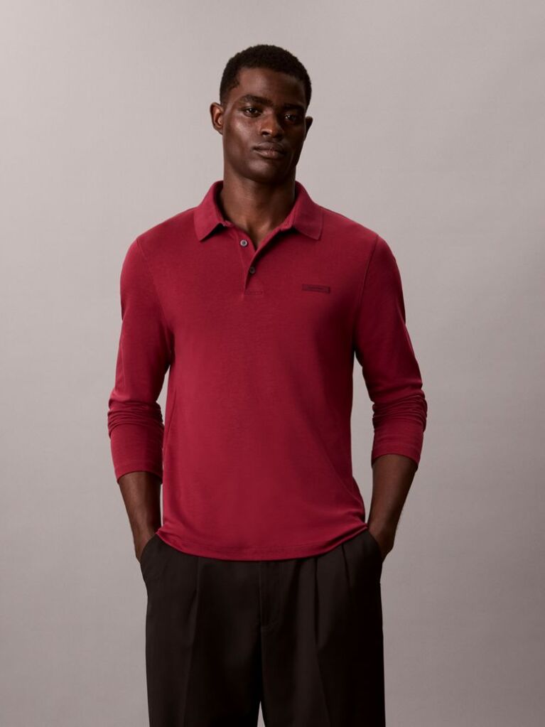 Rosu Tricou Polo Slim Din Bumbac Cu Maneca Lunga  Barbati