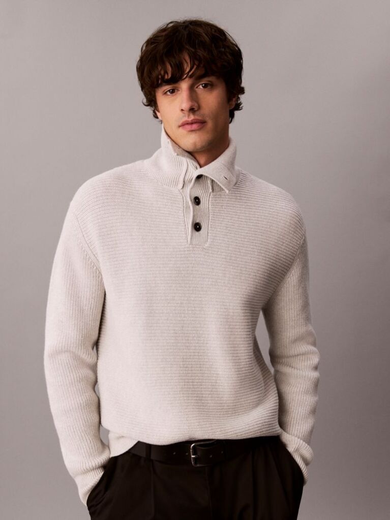 White Wool Cotton Button Collar Jumper  Men