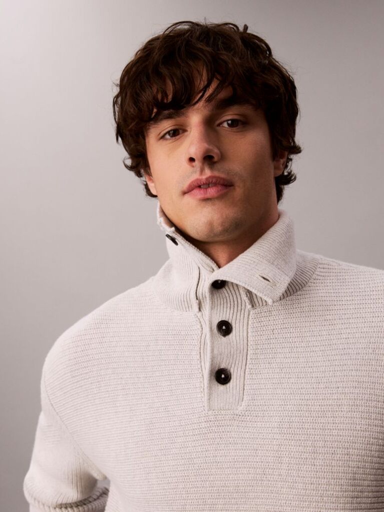 White Wool Cotton Button Collar Jumper  Men
