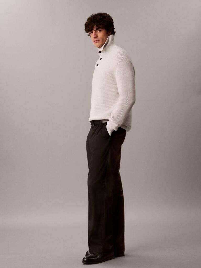 White Wool Cotton Button Collar Jumper  Men