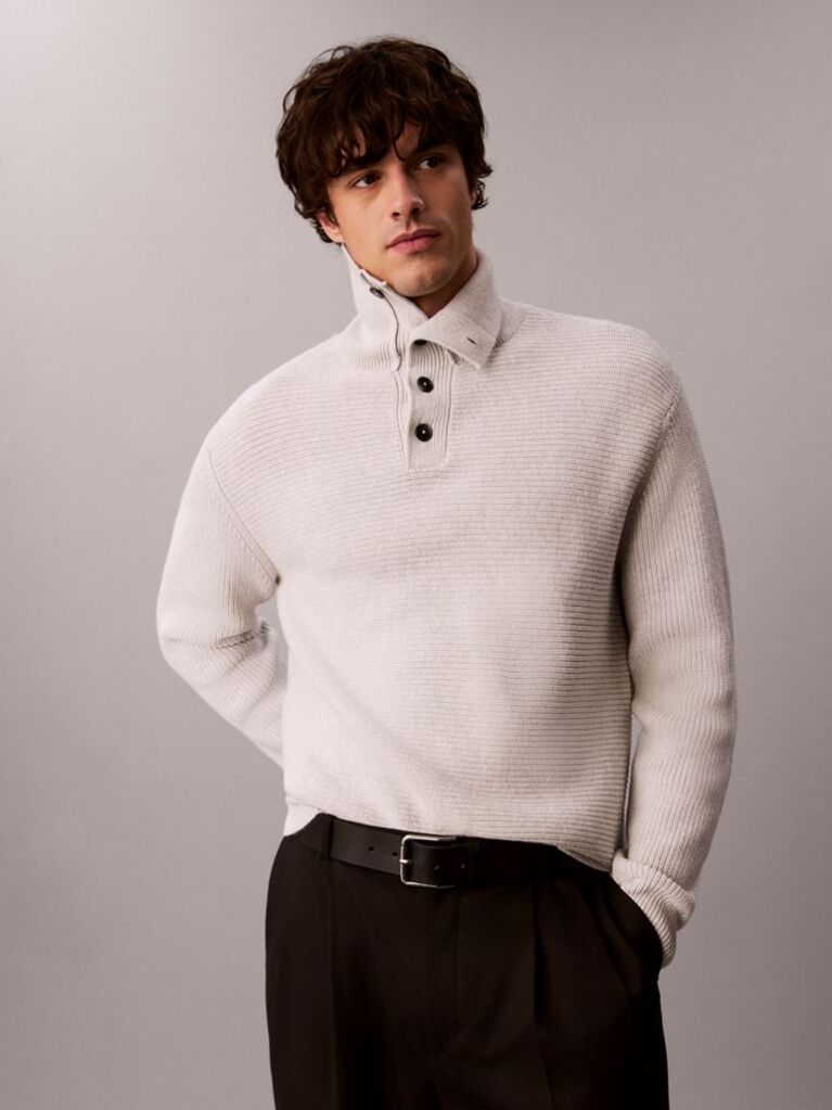 White Wool Cotton Button Collar Jumper  Men