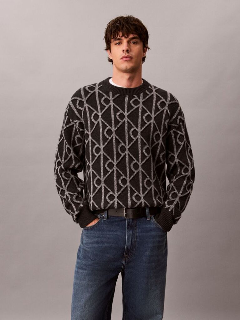 Gri Pulover Din Amestec De Lana Cu Logo Jacquard  Barbati