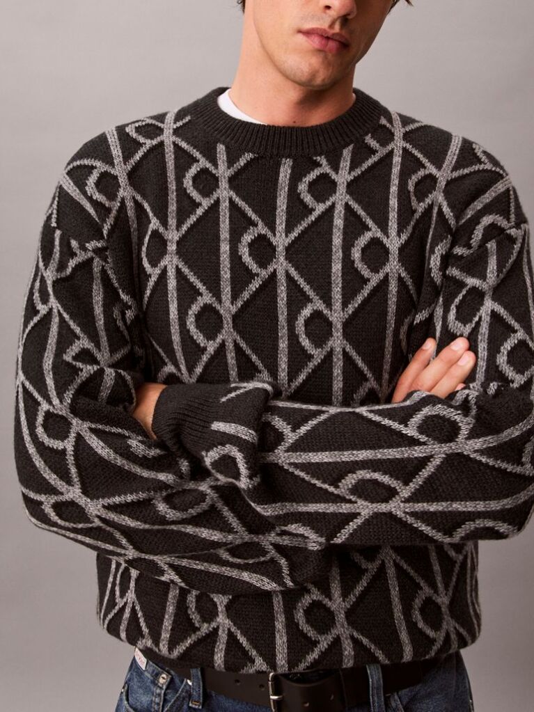 Gri Pulover Din Amestec De Lana Cu Logo Jacquard  Barbati