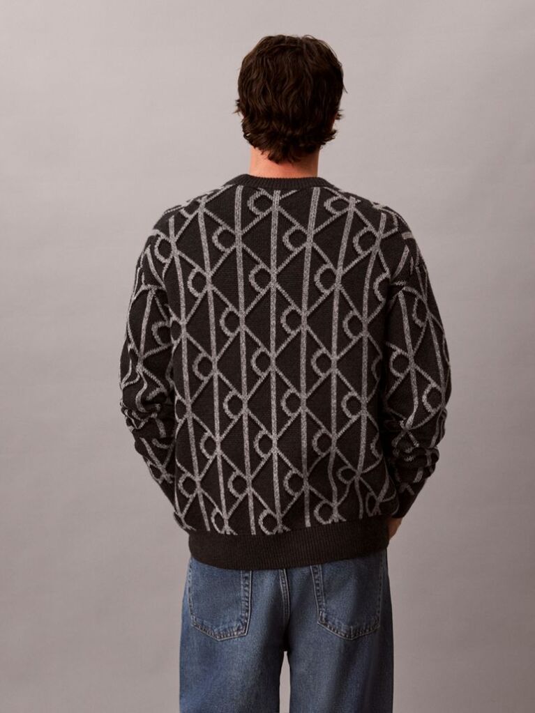 Gri Pulover Din Amestec De Lana Cu Logo Jacquard  Barbati