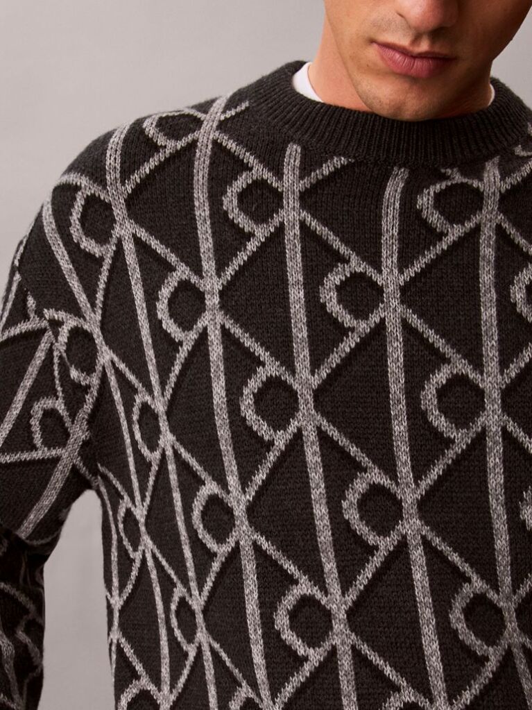 Gri Pulover Din Amestec De Lana Cu Logo Jacquard  Barbati