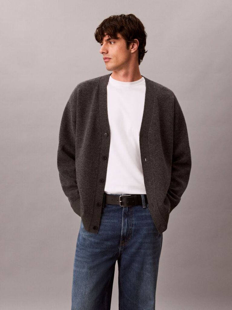 Grey Soft Wool V-Neck Cardigan  Men