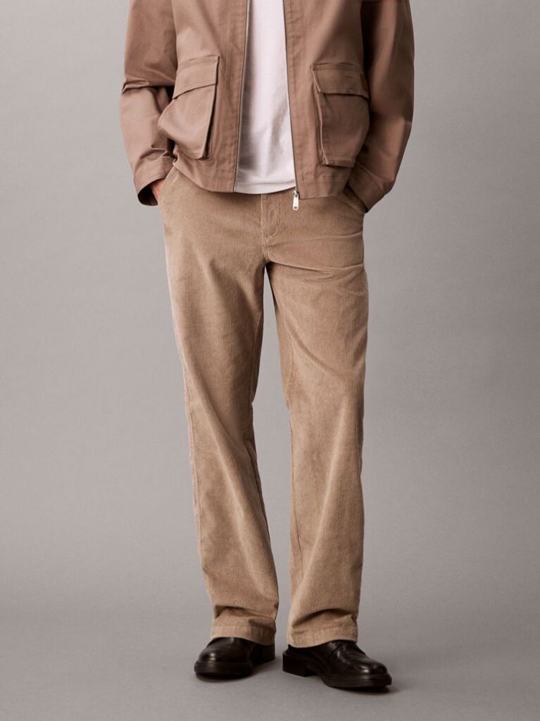 Kaki Pantaloni Chino Din Catifea Raiata, Drepti, In Stilul Anilor '90  Barbati