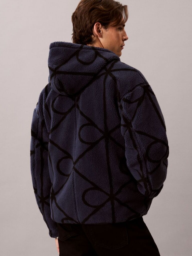 Albastru Hanorac Din Fleece Sherpa Cu Fermoar Si Emblema  Barbati