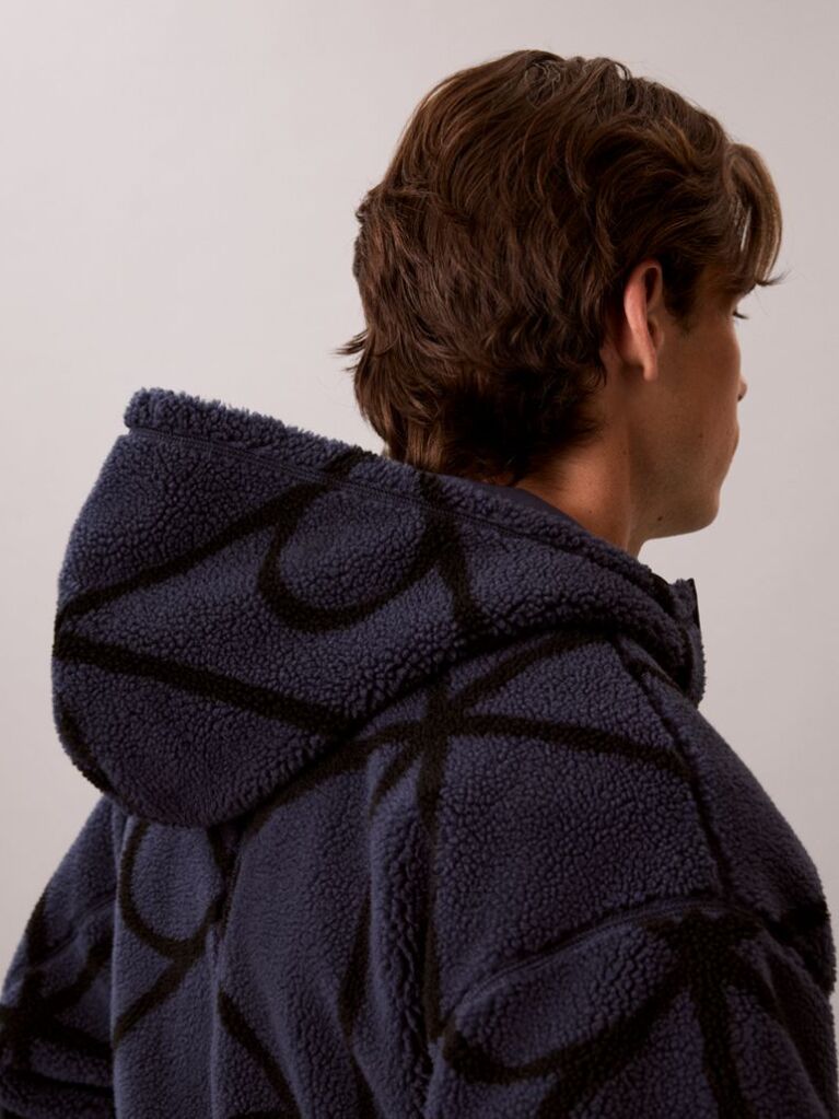 Albastru Hanorac Din Fleece Sherpa Cu Fermoar Si Emblema  Barbati