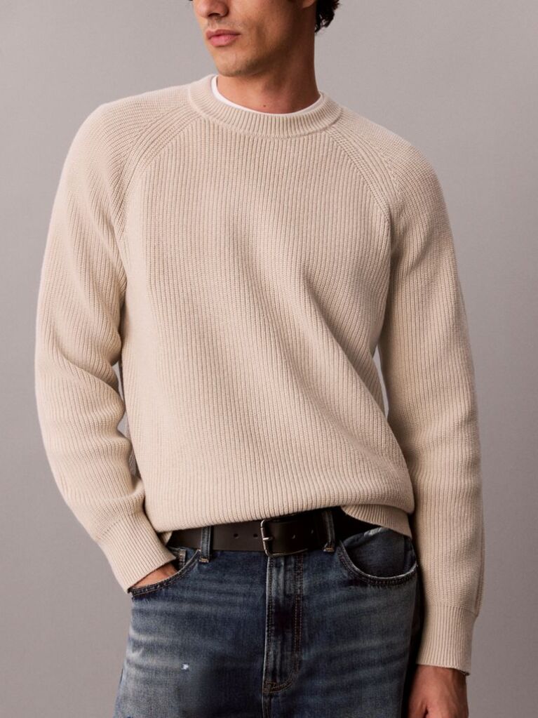Beige Wool Blend Ribbed Jumper  Men