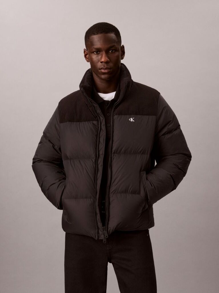Negru Geaca Matlasata Cu Puf, Din Nylon Cu Textura Reiata  Barbati
