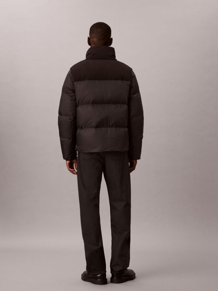 Negru Geaca Matlasata Cu Puf, Din Nylon Cu Textura Reiata  Barbati