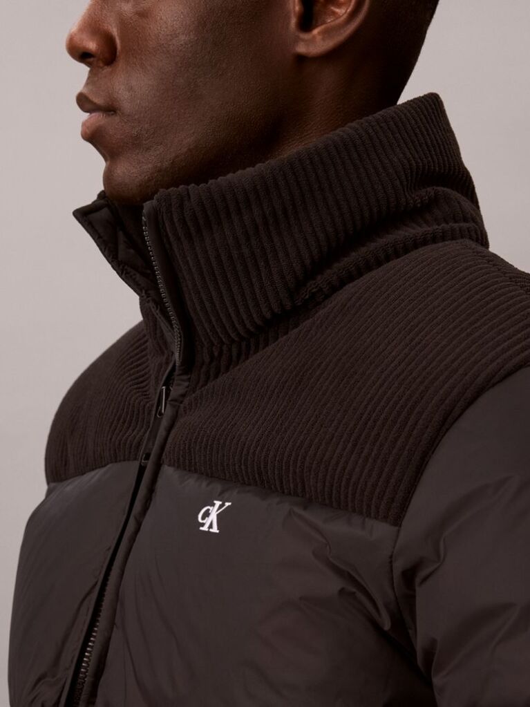 Negru Geaca Matlasata Cu Puf, Din Nylon Cu Textura Reiata  Barbati