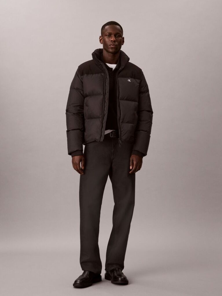 Negru Geaca Matlasata Cu Puf, Din Nylon Cu Textura Reiata  Barbati