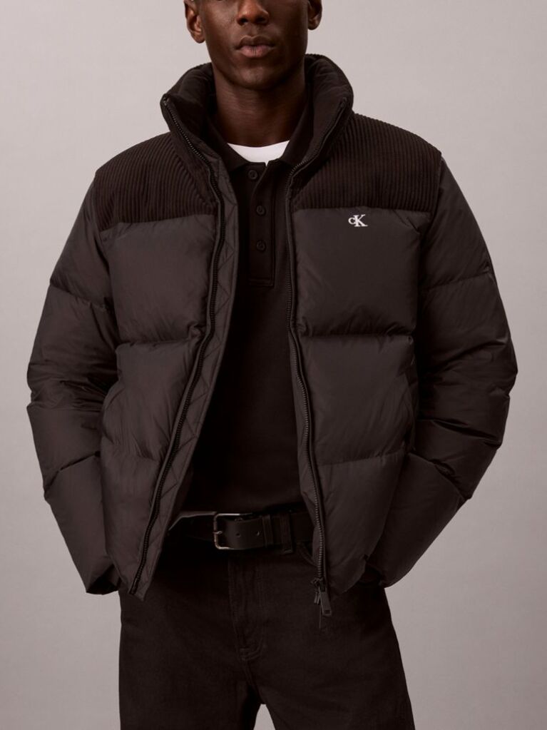 Negru Geaca Matlasata Cu Puf, Din Nylon Cu Textura Reiata  Barbati