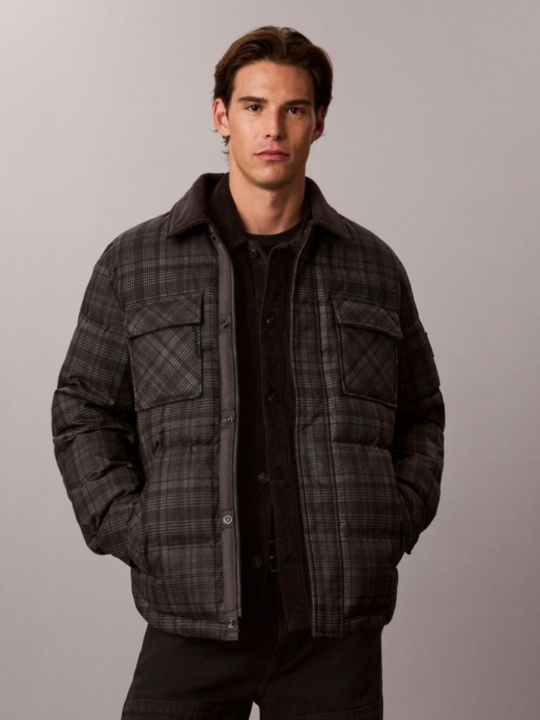 Gri Jacheta-Camasa Matlasata Cu Puf In Carouri Tartan  Barbati