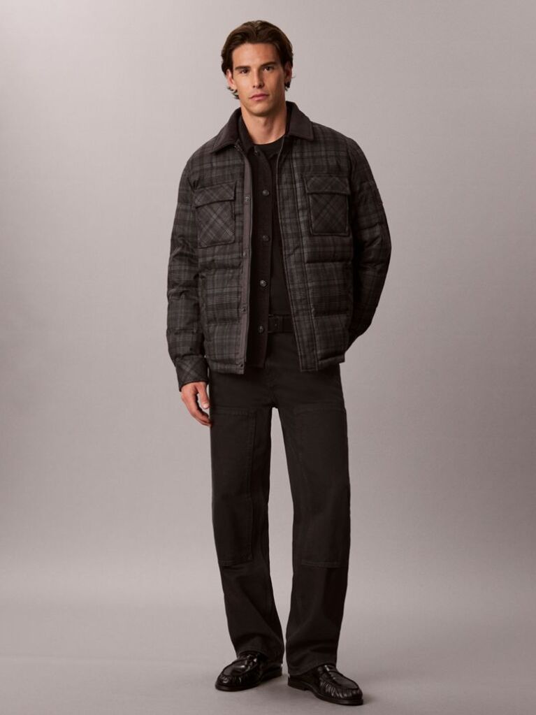 Gri Jacheta-Camasa Matlasata Cu Puf In Carouri Tartan  Barbati
