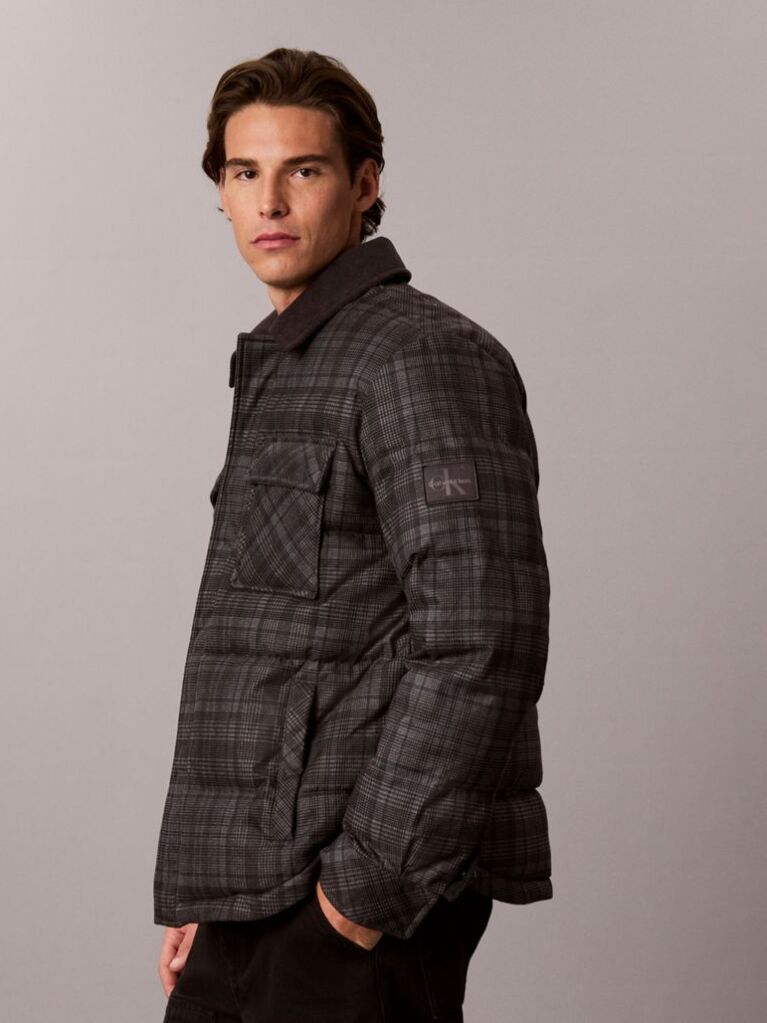 Gri Jacheta-Camasa Matlasata Cu Puf In Carouri Tartan  Barbati