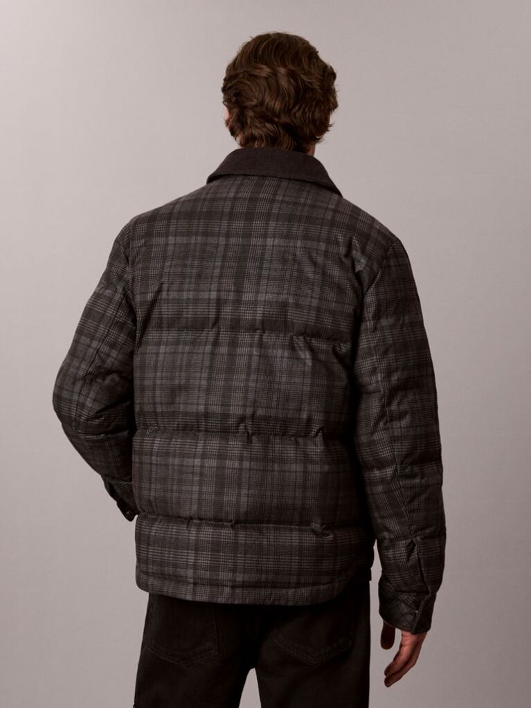 Gri Jacheta-Camasa Matlasata Cu Puf In Carouri Tartan  Barbati